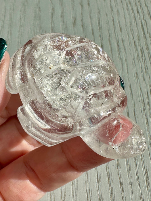 Clear Quartz Turtle Carving with Rainbow Flashes