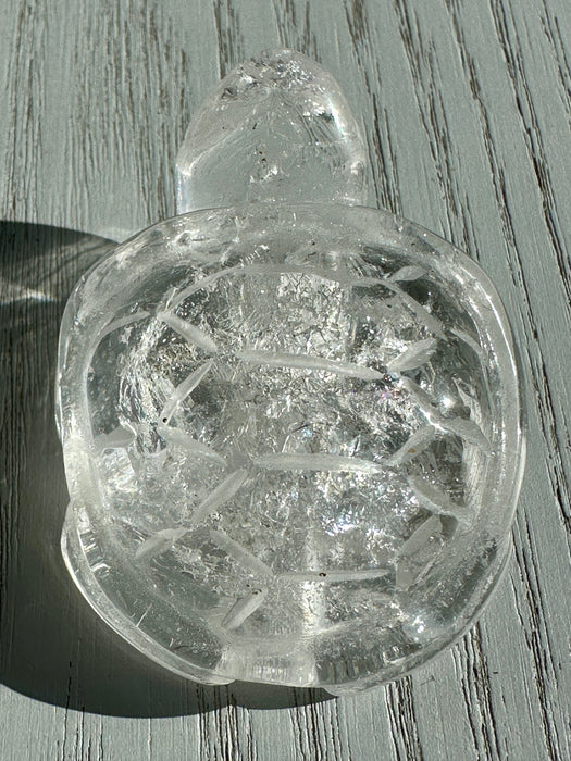 Clear Quartz Turtle Carving with Rainbow Flashes