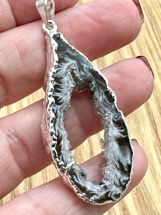 Silver Plated Agate Geode Crystal Pendant Brazil