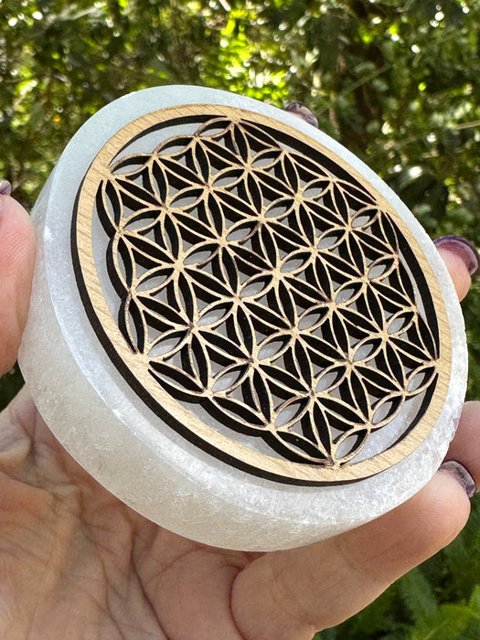 Selenite plate with a laser cut timber Flower of Life symbol