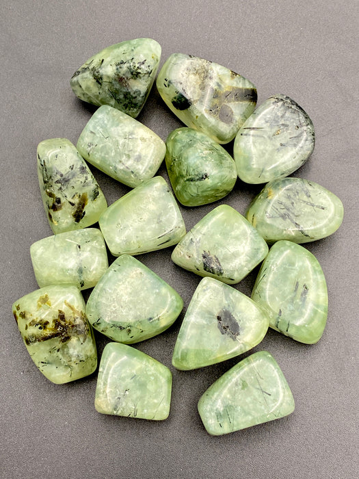 Prehnite Tumbled Stone with Black Tourmaline and Epidote