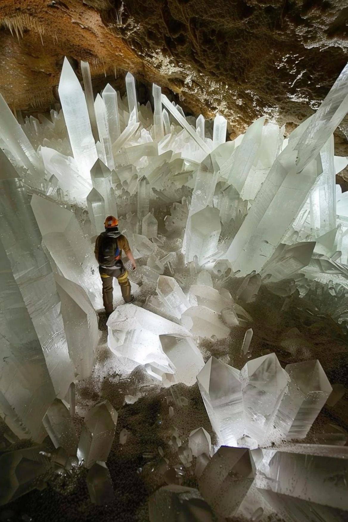 Man Standing with Massive Crystals in the Naica Crystal Mine