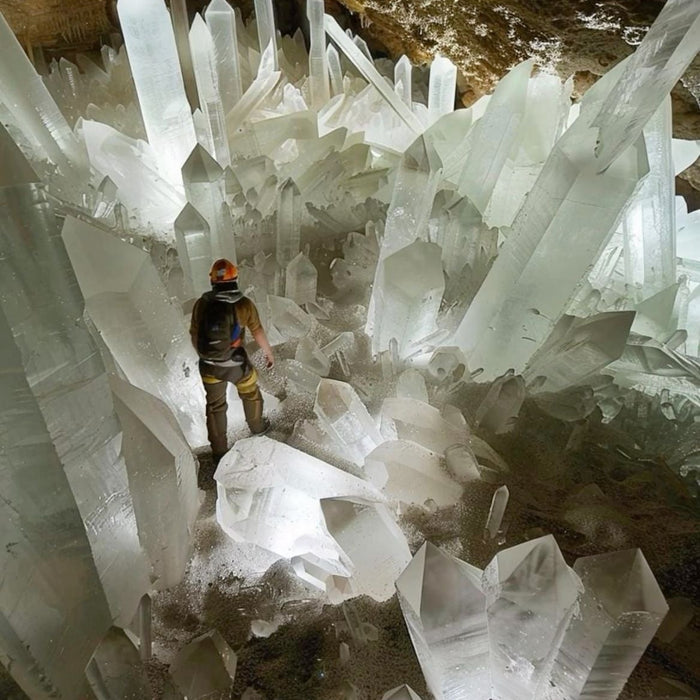 Man Standing with Massive Crystals in the Naica Crystal Mine