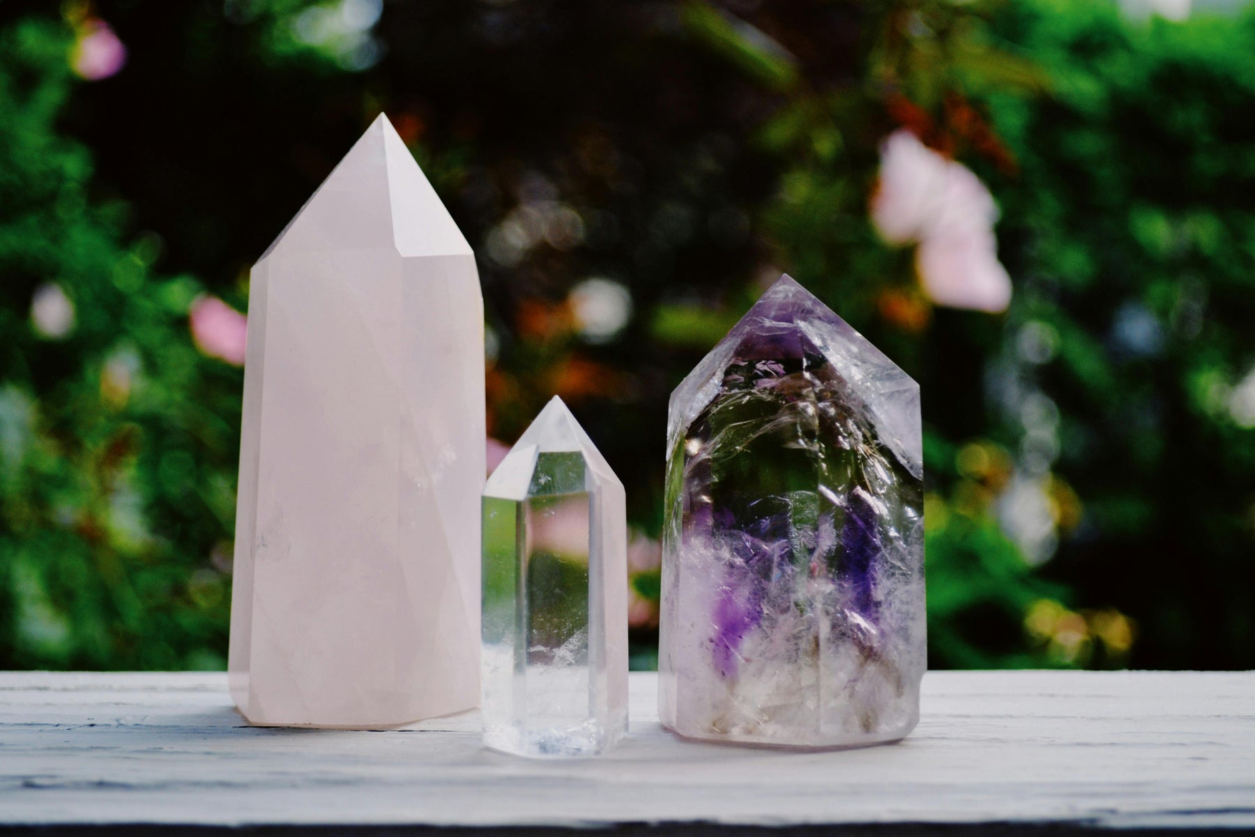 Rose Quartz, Clear Quartz and Amethyst Crystals