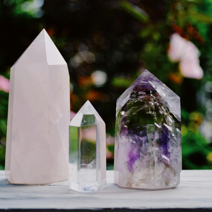 Rose Quartz, Clear Quartz and Amethyst Crystals