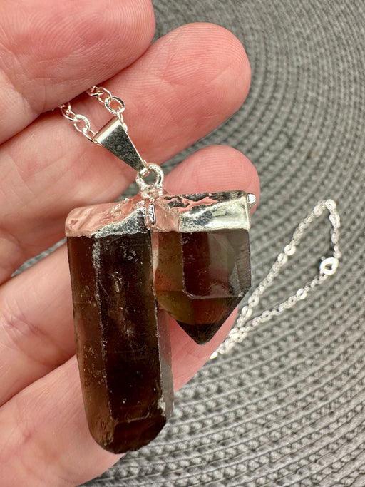 Smoky Quartz Double Natural Point Pendant on high quality Silver plated chain