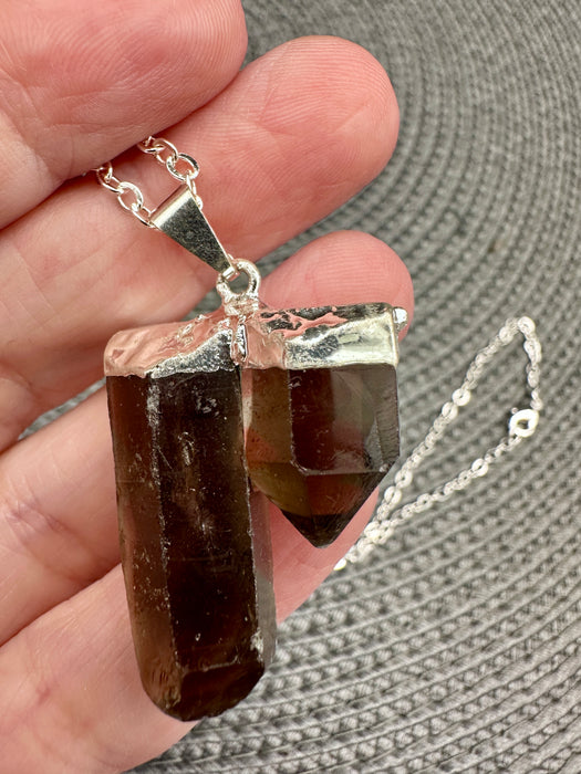 Smoky Quartz Double Natural Point Pendant on high quality Silver plated chain