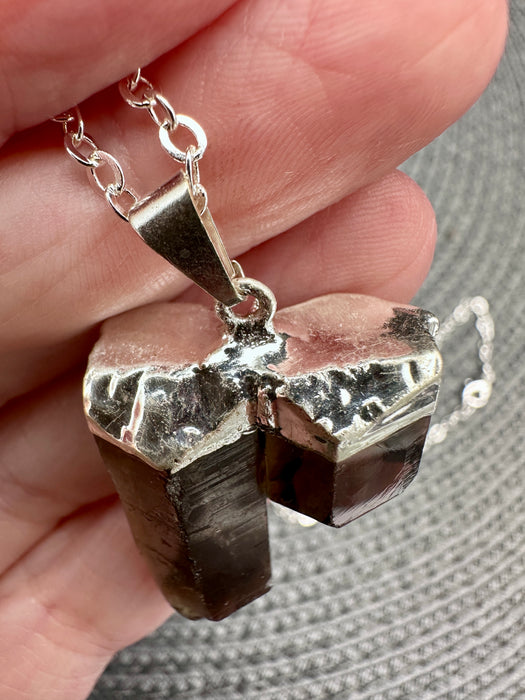 Smoky Quartz Double Natural Point Pendant on high quality Silver plated chain