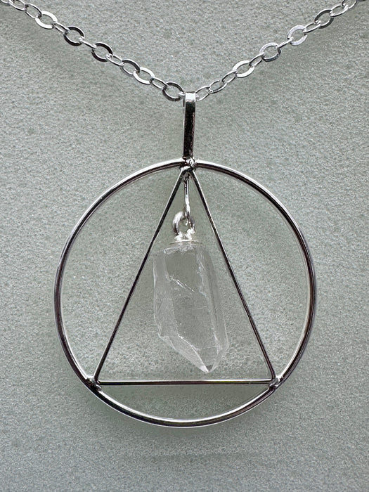 Natural Clear Quartz Point suspended within Silver Plated Inscribed Triangle on Silver Plated Chain