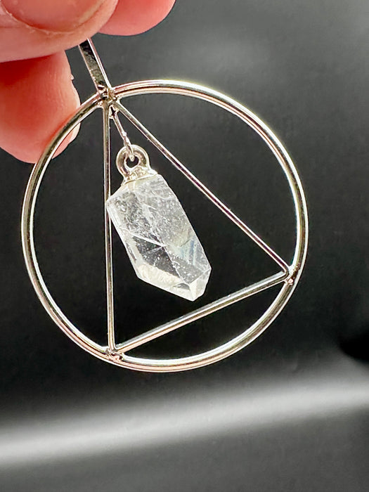 Natural Clear Quartz Point suspended within Silver Plated Inscribed Triangle on Silver Plated Chain