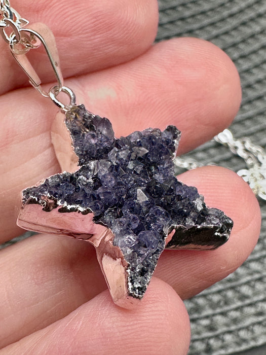 Amethyst Geode Star enveloped in Silver Plating on a Silver Plated Chain