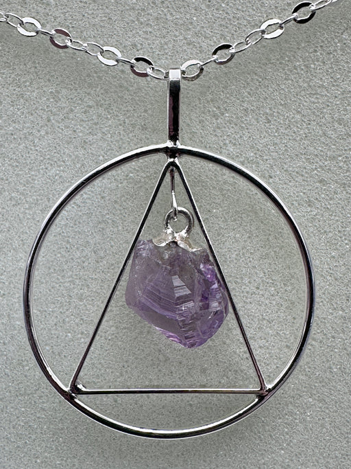 Silver Plated Natural Point Amethyst Pendant with Inscribed Triangle on Silver Plated Chain