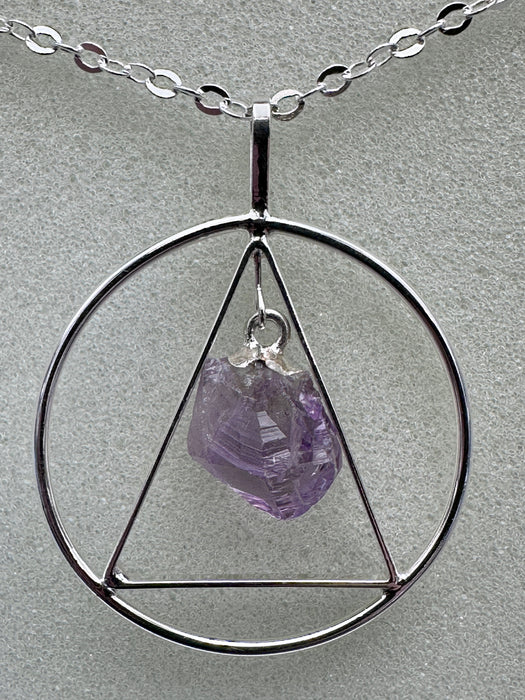 Silver Plated Natural Point Amethyst Pendant with Inscribed Triangle on Silver Plated Chain