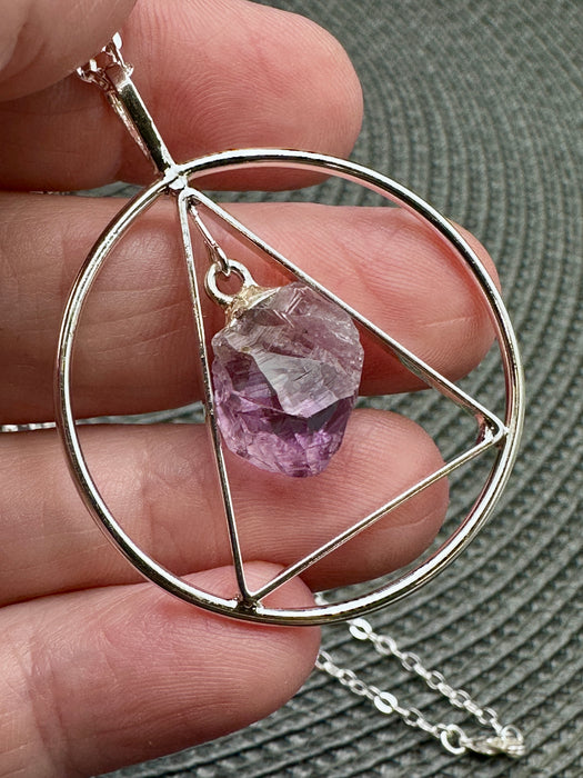 Silver Plated Natural Point Amethyst Pendant with Inscribed Triangle on Silver Plated Chain
