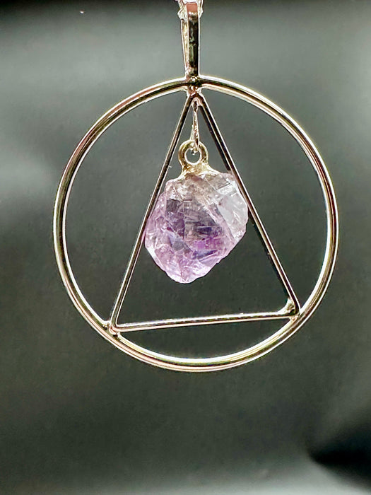 Silver Plated Natural Point Amethyst Pendant with Inscribed Triangle on Silver Plated Chain