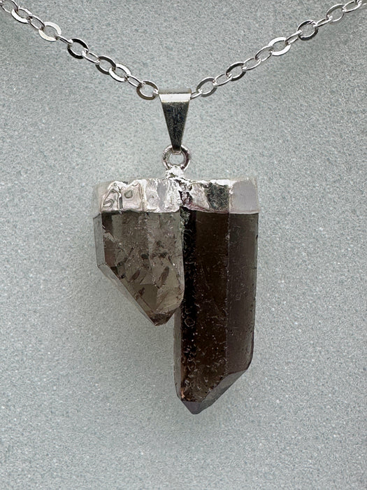 Smoky Quartz Double Natural Point Pendant on high quality Silver plated chain