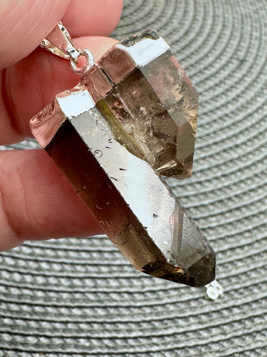 Smoky Quartz Double Natural Point Pendant on high quality Silver plated chain