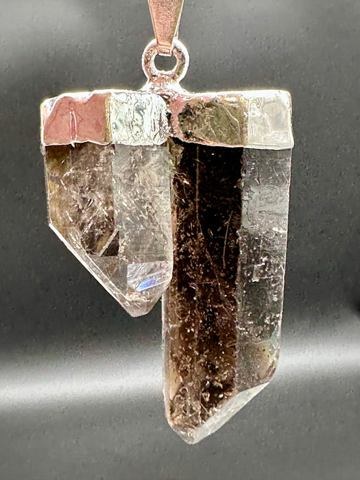 Smoky Quartz Double Natural Point Pendant on high quality Silver plated chain
