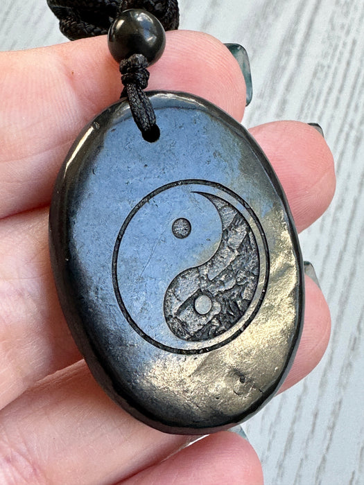 Shungite Oval Yin Yang Pendant on Cord