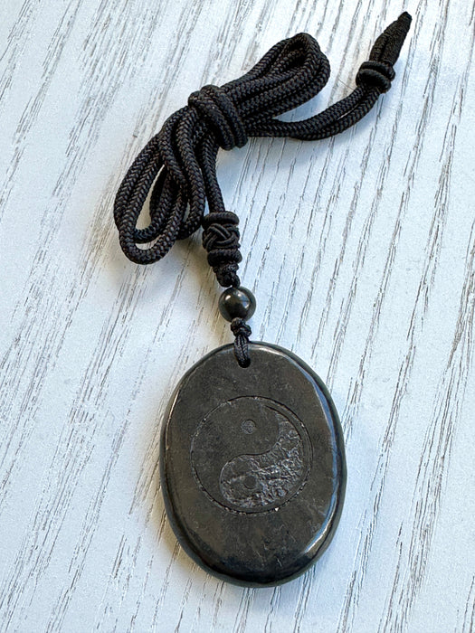 Shungite Oval Yin Yang Pendant on Cord
