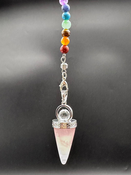 Rose Quartz Pendulum on silver coloured chain with chakra beads