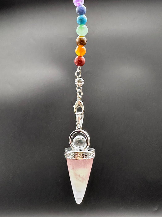 Rose Quartz Pendulum on silver coloured chain with chakra beads