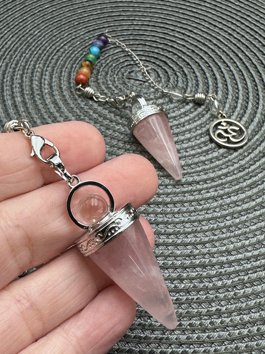 Rose Quartz Pendulum on silver coloured chain with chakra beads