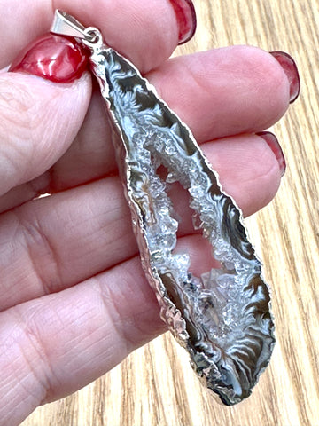 Silver Plated Agate Geode Crystal Pendant Brazil