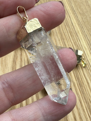 Gold Plated Clear Quartz Crystal Pendant Point Jewellery