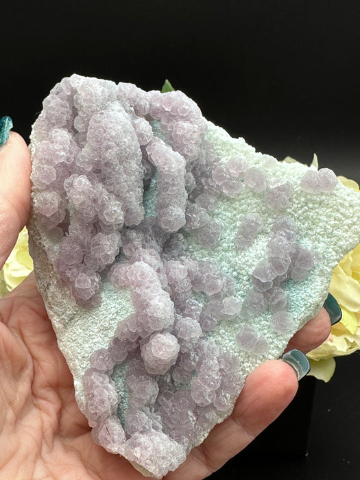 BOTRYOIDAL PURPLE FLUORITE ON QUARTZ WITH CHRYSOCOLLA