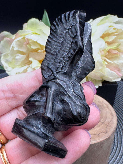 Black Obsidian Crying Angel Carving - Fallen Angel