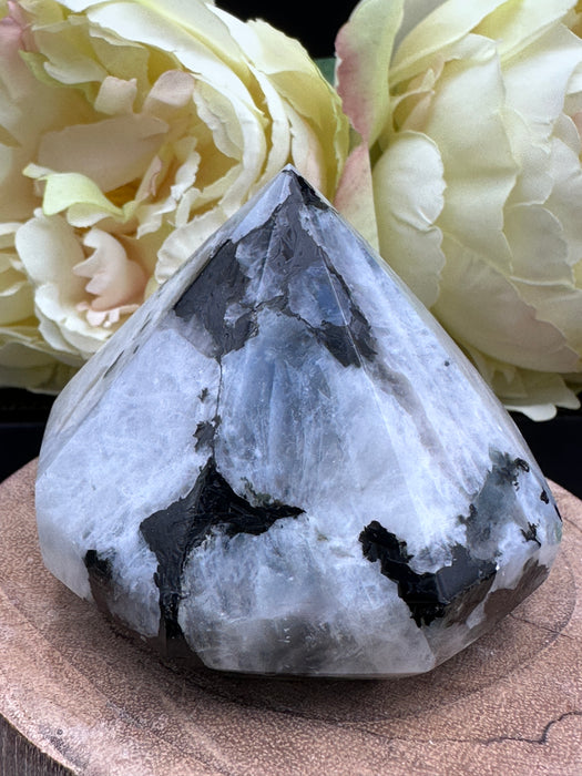 Rainbow Moonstone Diamond Shaped Carving with multiple large rainbow flashes