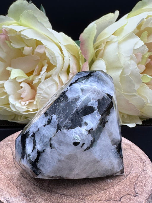 Rainbow Moonstone Diamond Shaped Carving with multiple large rainbow flashes