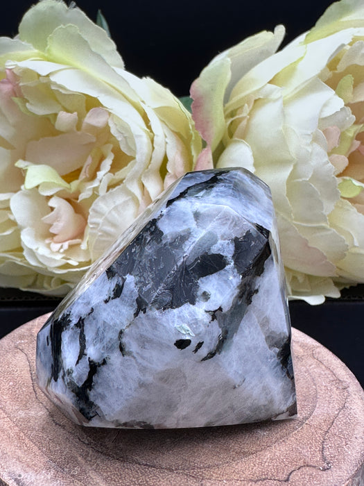 Rainbow Moonstone Diamond Shaped Carving with multiple large rainbow flashes