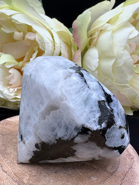 Rainbow Moonstone Diamond Shaped Carving with multiple large rainbow flashes