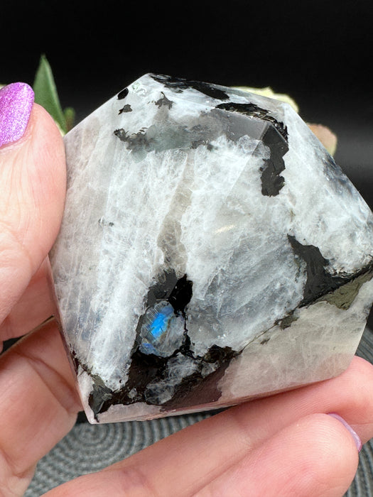 Rainbow Moonstone Diamond Shaped Carving with multiple large rainbow flashes