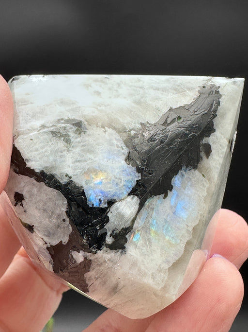 Rainbow Moonstone Diamond Shaped Carving with multiple large rainbow flashes