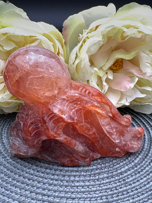 Stunning Fire Quartz Octopus on Rock Carving