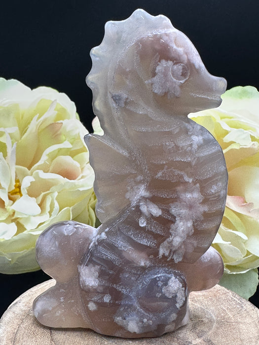 Self Standing Flower Agate Seahorse Carving