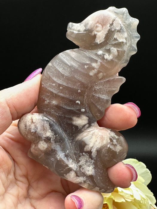 Self Standing Flower Agate Seahorse Carving