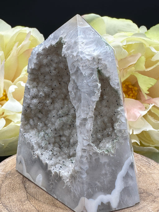 Natural Agate Geode Chunky Tower with a centre smothered in sugary geode "snow" and a peek-a-boo window on the side