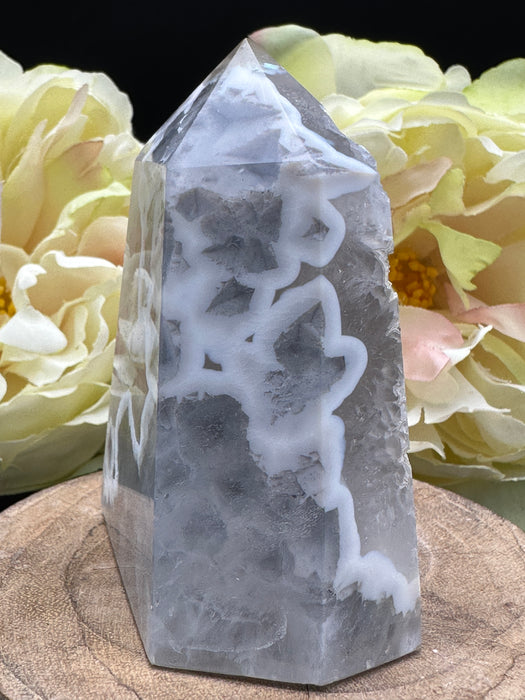 Natural Agate Geode Chunky Tower with a centre smothered in sugary geode "snow" and a peek-a-boo window on the side