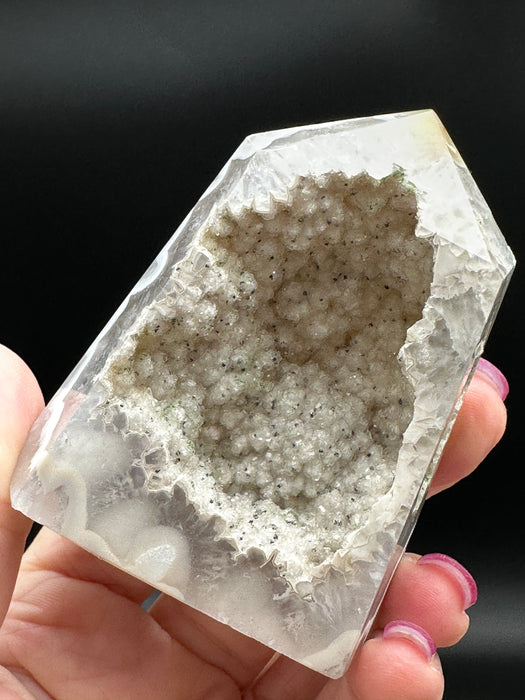 Natural Agate Geode Chunky Tower with a centre smothered in sugary geode "snow" and a peek-a-boo window on the side