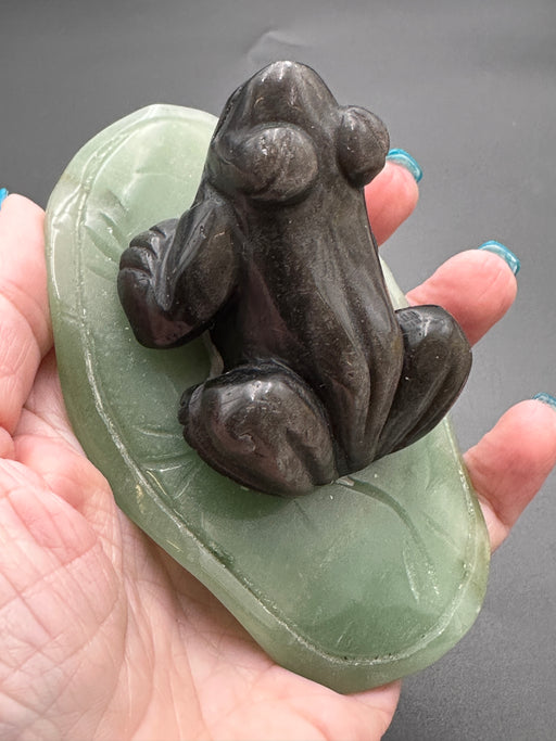Silver Sheen Obsidian Frog Green Aventurine Lilypad Crystal