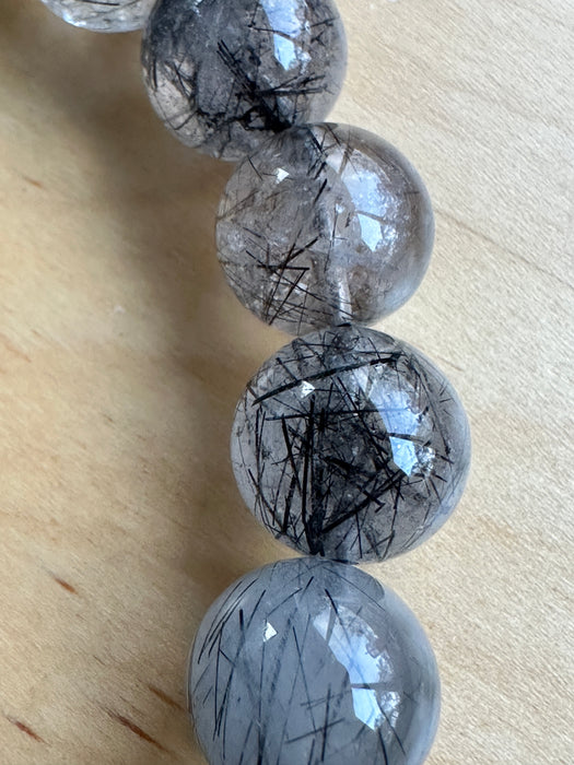 Black Tourmalinated Quartz Bead Bracelet - High Quality