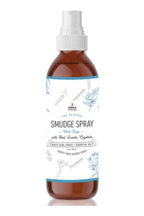 A 100ml spray bottle of Soul Sticks Smudge Spray with White Sage, Real Quartz Crystal, and other cleansing ingredients.