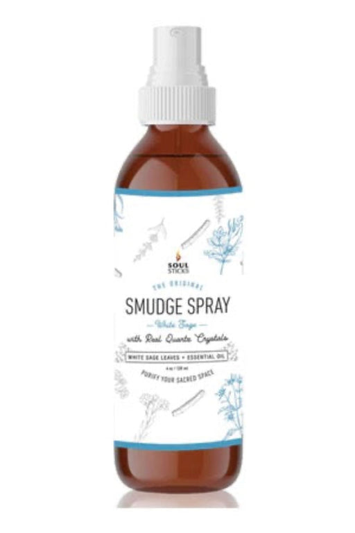 A 100ml spray bottle of Soul Sticks Smudge Spray with White Sage, Real Quartz Crystal, and other cleansing ingredients.