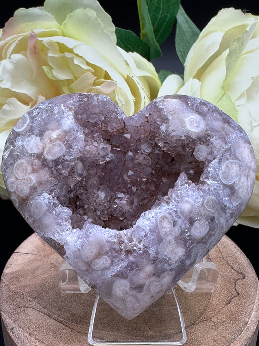 Pink Amethyst & Flower Agate Druzy Heart