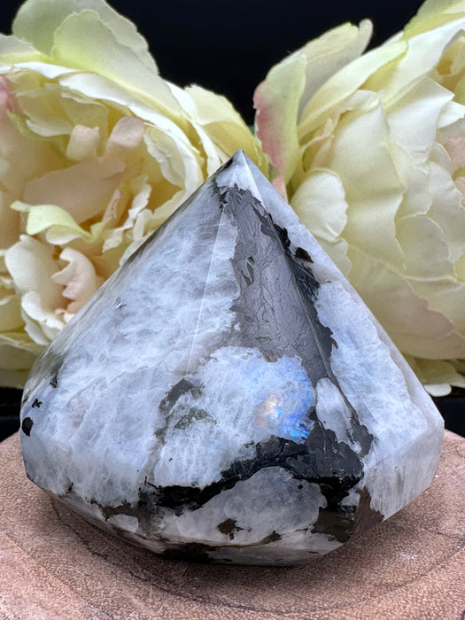 Rainbow Moonstone Diamond Shaped Carving with multiple large rainbow flashes