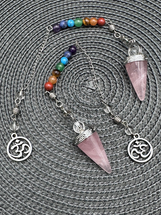 Rose Quartz Pendulum on silver coloured chain with chakra beads
